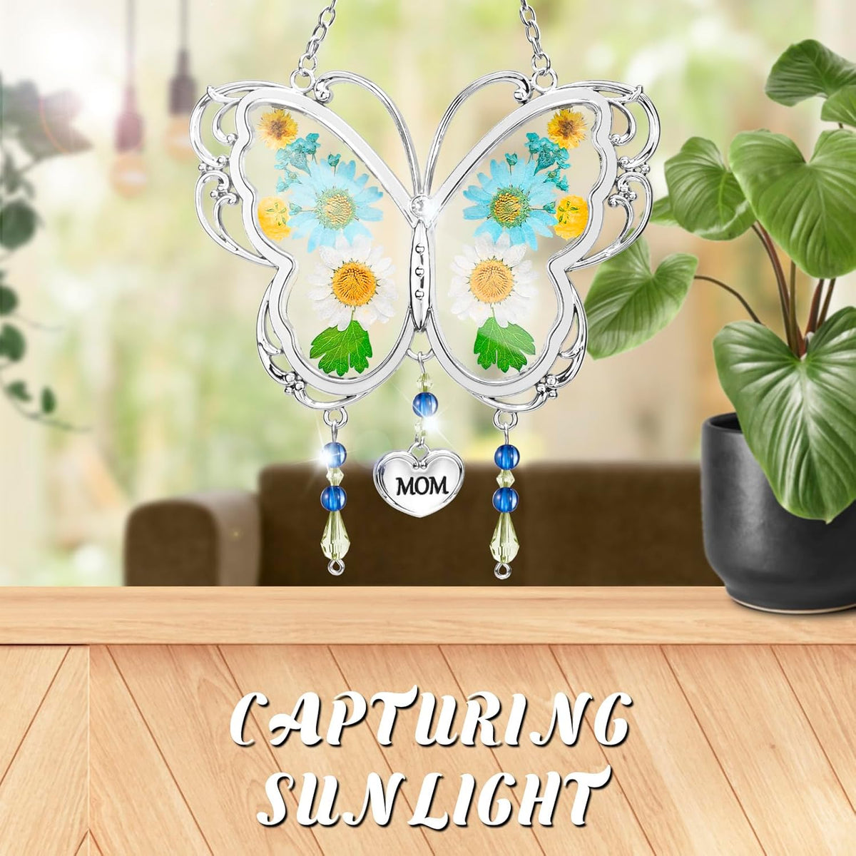 LARAINE Butterfly Suncatcher with Pressed Flower Wings Mother's Day Butterfly Glass Wind Chime Ornament Charm with Metal Heart Gifts for Grandma Aunt Birthday (Mom, Blue)