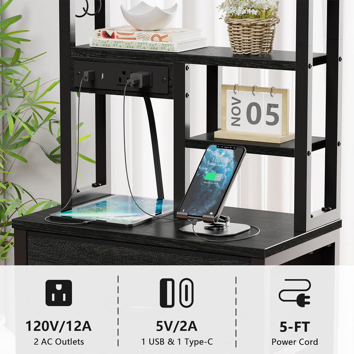 Furnulem Tall Nightstand, LED Night Stand with Charging Station | USB Ports, 4 Fabric Drawers and 4 Tier Storage Shelf, Nightstands Bedside Tables for Bedroom, Dorm, Office (Black Oak)
