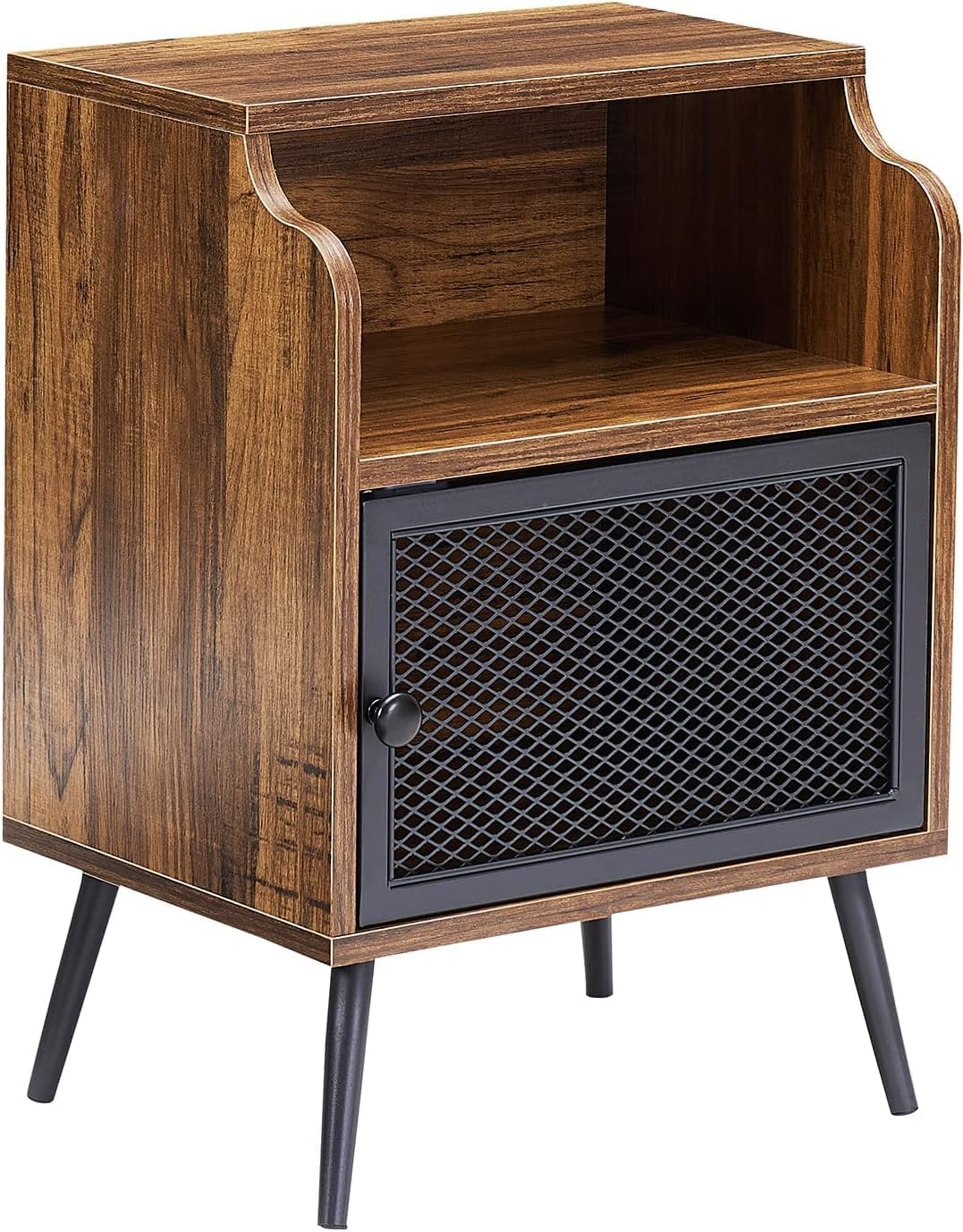 VECELO Modern Nightstand Set of 1, End Table with Storage Cabinet, Industrial Night Stand with Open Drawer Shelf for Living Room, Bedroom, Brown