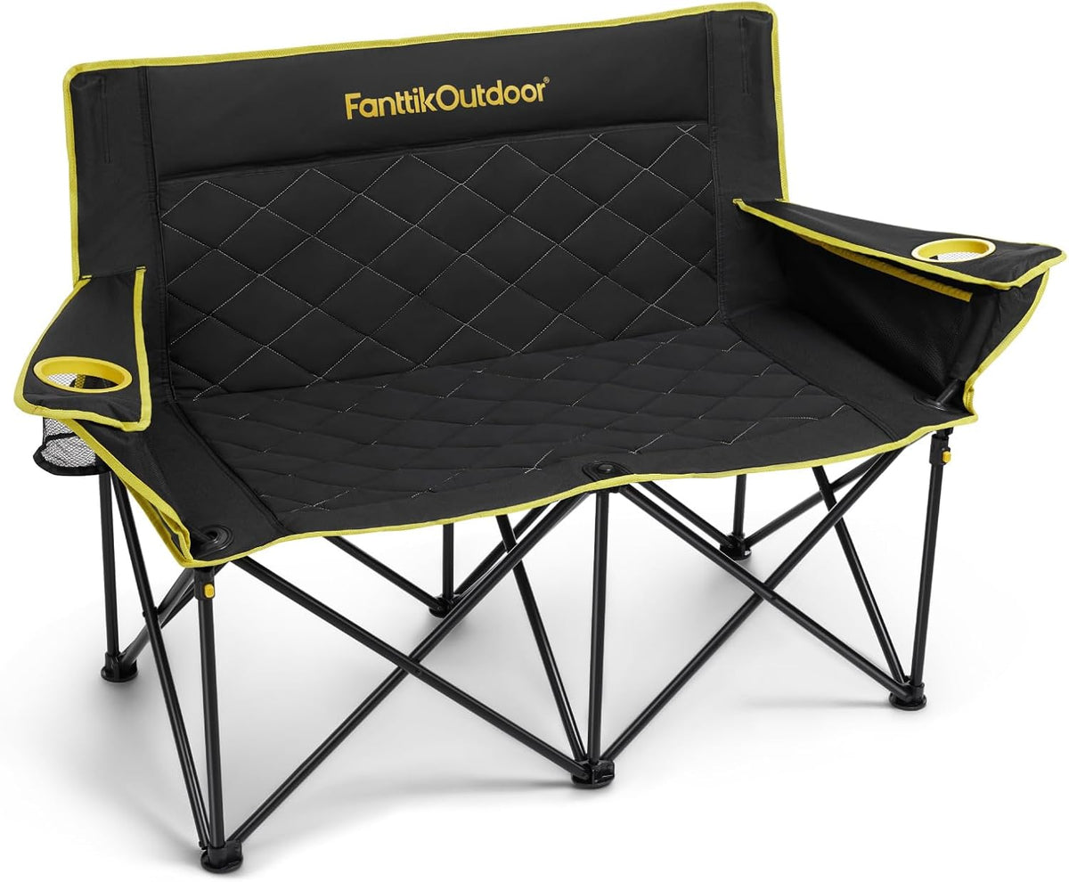 FanttikOutdoor Zeta L11 Duo Pro Double Camping Chair, 2 Person Portable Folding Couch, High Strength Loveseat with Cup Holder & Carry Bag for Travel, Games, BBQ, Backyard, Support up to 600 lbs, Black