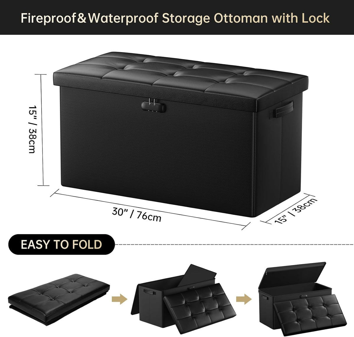 DocSafe Storage Ottoman Bench with Lock,Fireproof 30 Inches Folding Bench Foot Rest Stool Storage Chest Safe for Living Room,Bedroom,Home Office,Waterproof Leather Ottoman with Handles,Black