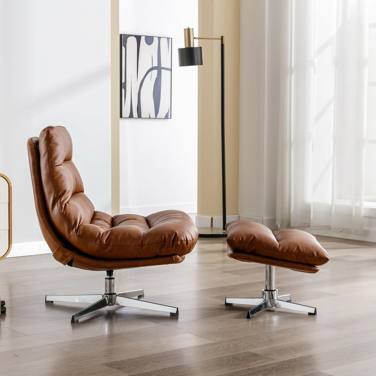 BESTANO Swivel Accent Chair with Ottoman, Mid Century Modern Faux Leather Lounge Chair with footrest, Comfy Oversized Armchair with 360 Degree Metal Base for Living Room Bedroom, Brown