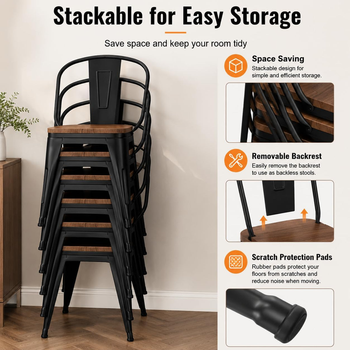 18 Inch Metal Dining Chairs Set of 4 Farmhouse Kitchen Chairs with Wooden Seat and Metal Backrest Stackable Black Dining Room Seating