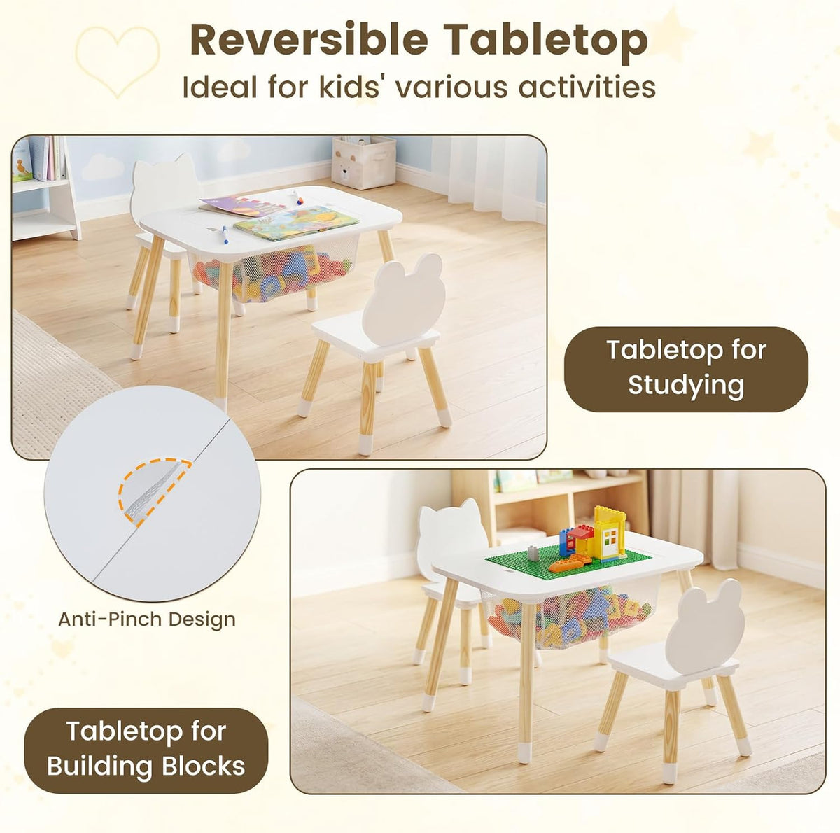 Olakids Kids Table and Chair Set, 4 in 1 Wooden Building Blocks Activity Desk with Reversible Tabletop Storage Basket, Toddler Furniture for Crafts Learning Dining