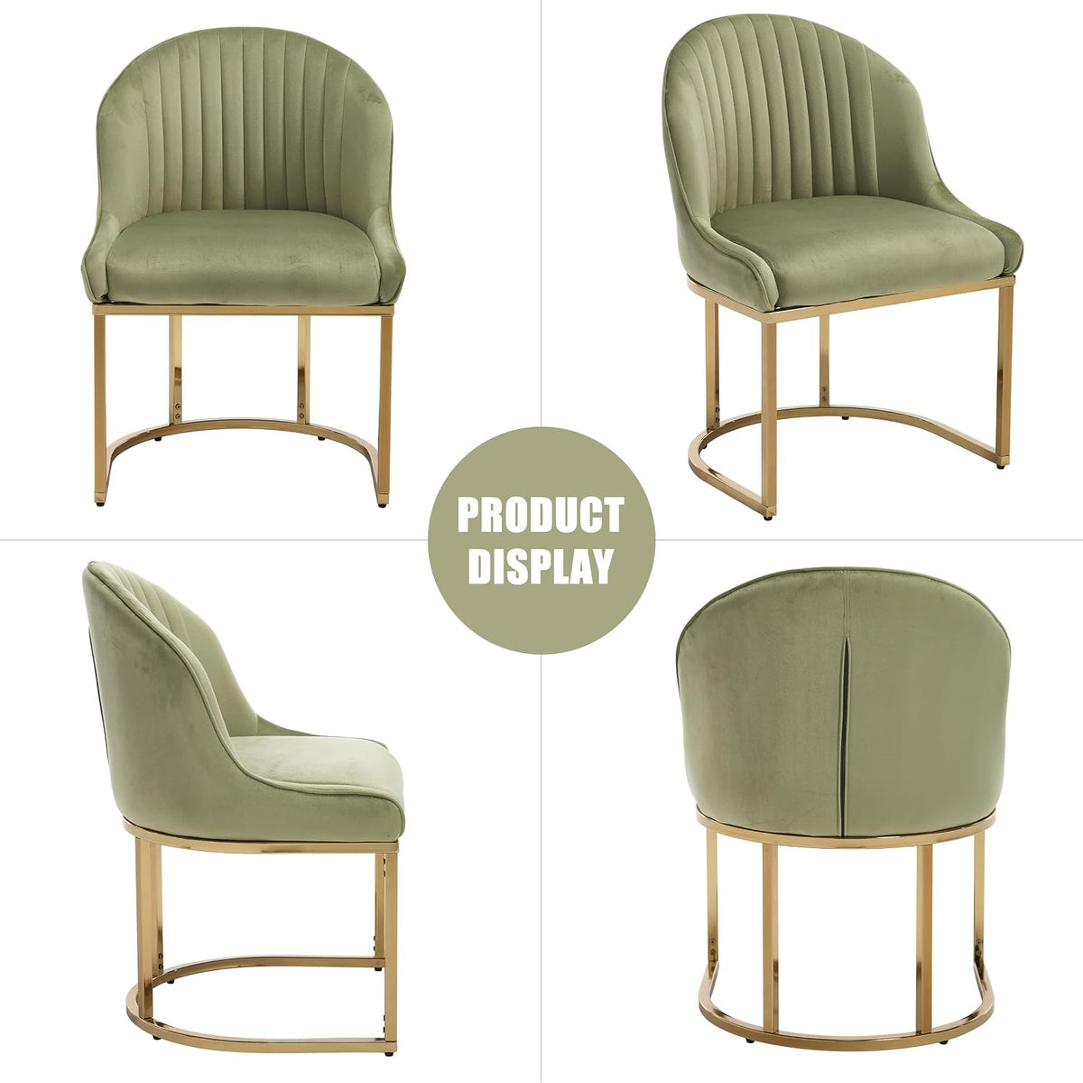 Velvet Dining Chairs Set of 2, Upholstered Dining Room Chairs with Silver Metal Legs, Modern Kitchen Side Chairs Reading Chair (Light Green+Golden, Set of 2)