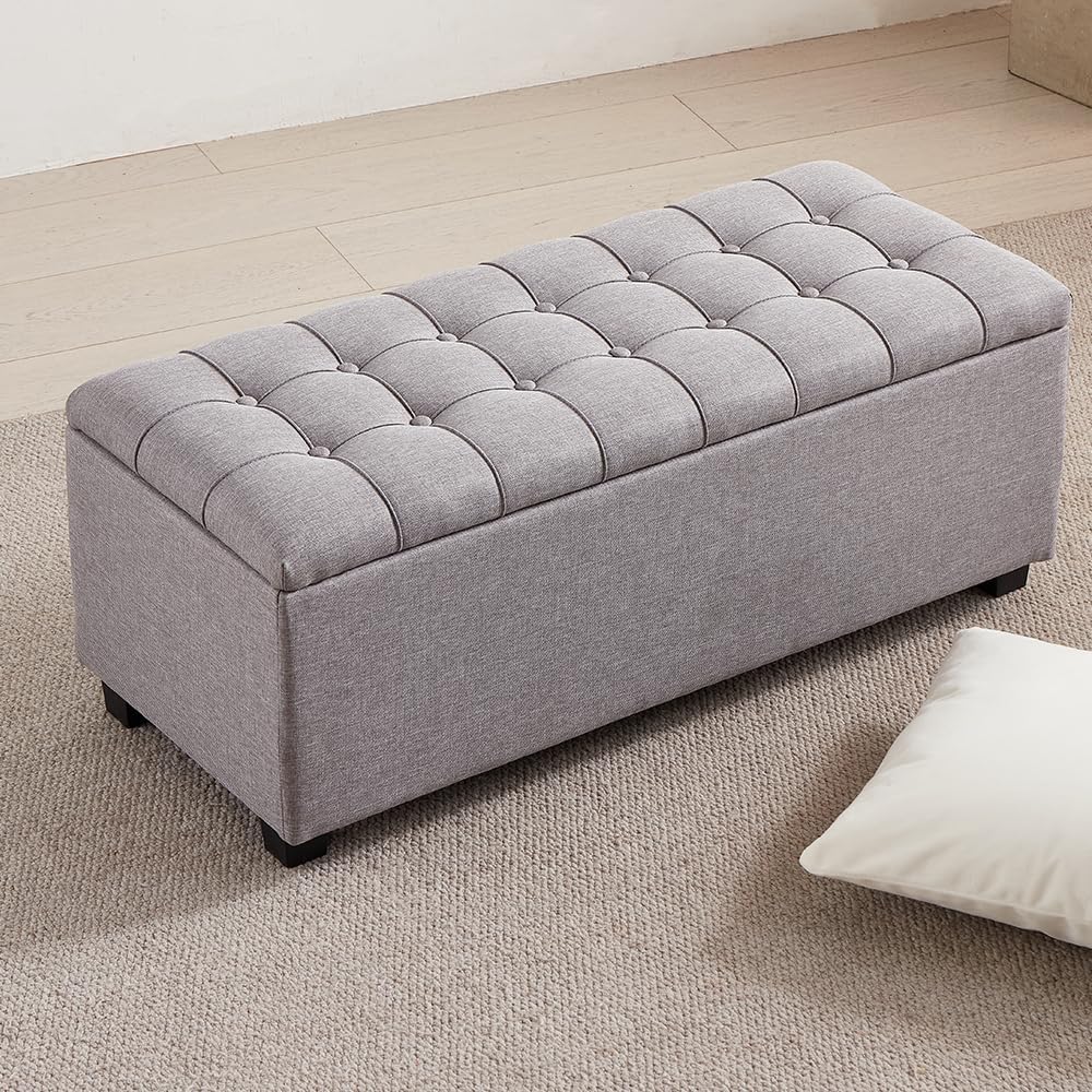 38-inch Grey Fabric Storage Ottoman Bench with Hinged Lid - Long End of Bed Bench for Bedroom, Living Room & Entryway, Footrest Seat Trunk