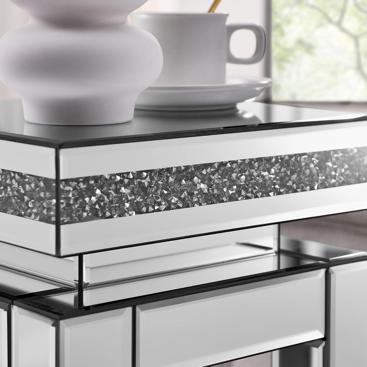 Silver Mirrored Side Table with Crystal Inlay for Small Spaces, Luxury Modern Small Mirrored Bedside Table Nightstand End Table for Living Room Bedroom Home Office (C)