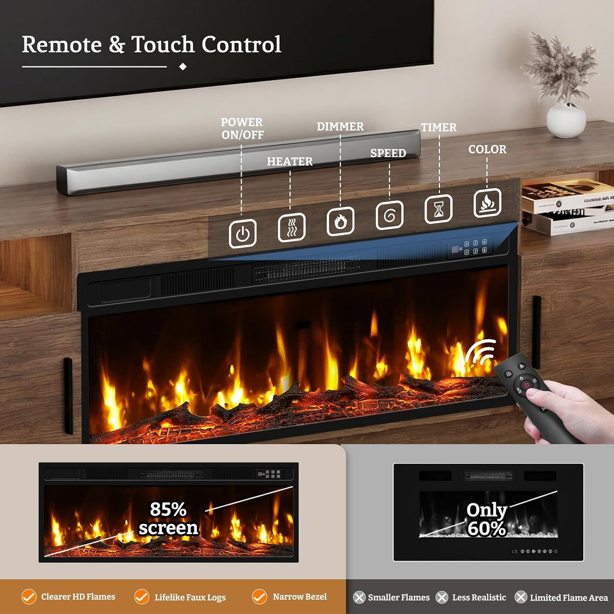 Kucreiheat Fireplace TV Stand for 65-80 inch TV, Large Entertainment Center with Fireplace & LED Lights,High Gloss Living Room Storage Cabinet,Walnut, 70''(Log)