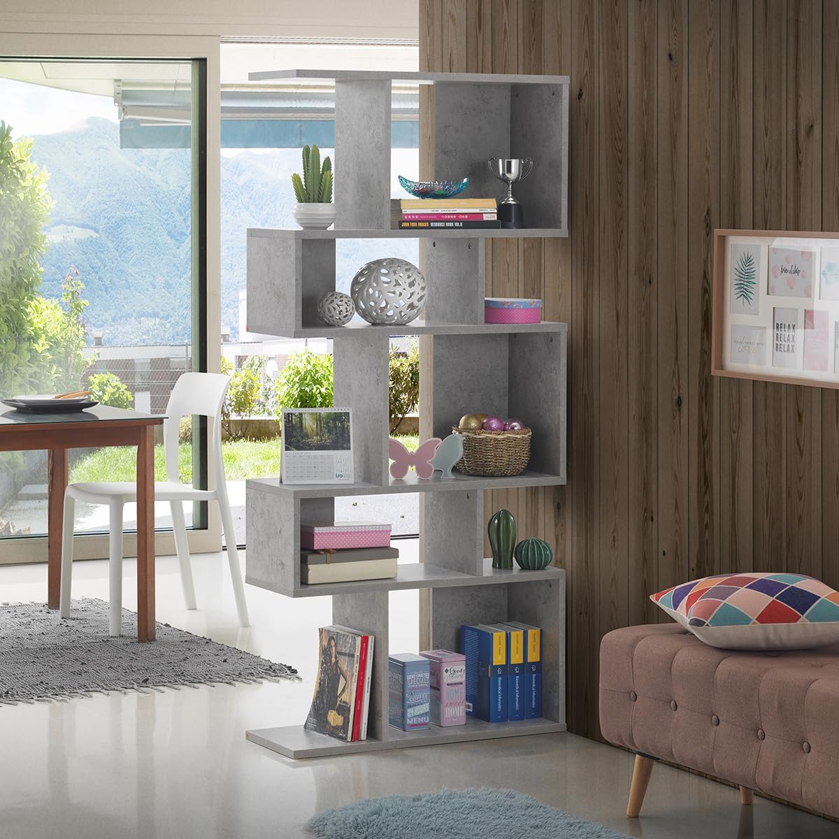 GIANTEX 5-Tier Geometric Bookshelf Set of 2, 70'' Tall Wood Freestanding Decorative Display Open Shelves with Anti-Tipping Device, Each Shelf Holds up to 44 lbs, Wooden S Shaped Bookcase, Gray