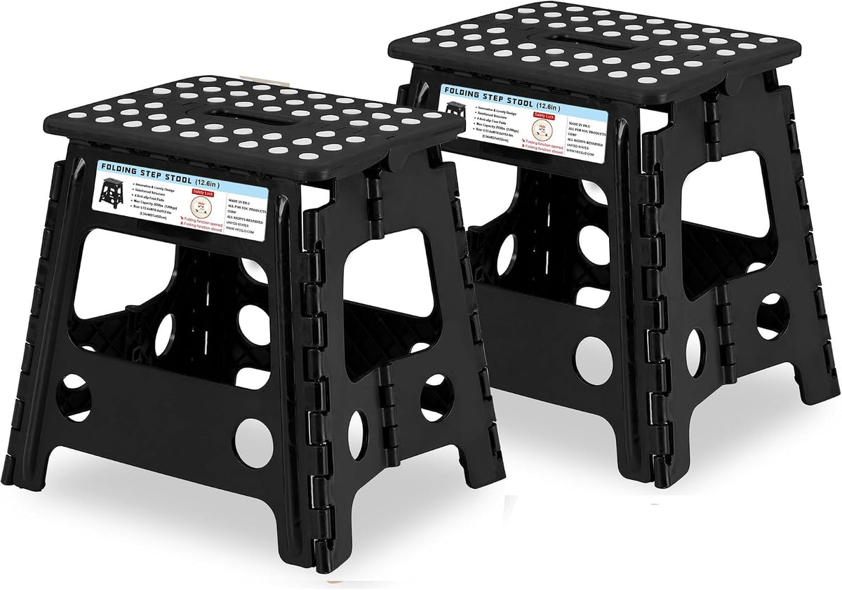VECELO Folding Step Stool 13 Inch, Non-Slip Surface Portabl Foldable 1 Step Stool with Carry Handle, Heavy Duty to Support Kids/Toddler/Adults for Living Room Kitchen, Bathroom, Set of 2, Black