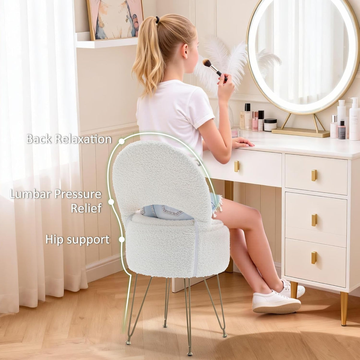Korser Vanity Stool Chair with Storage and Folding Back, 13"x13"x27.6" Round Faux Fur Comfy Ottoman, 4 Metal Legs with Anti-Slip Feet, Makeup Chair for Living Room, Bedroom, Dressing Room