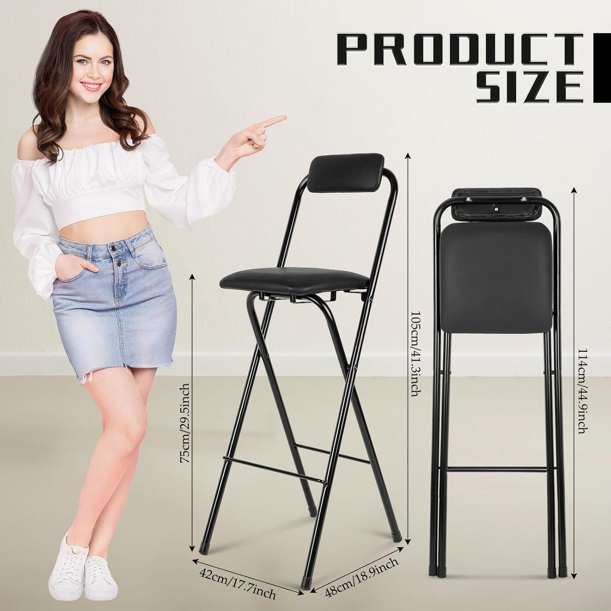 Thyle 1 Pcs Folding Bar Stool with Backrest Counter Height Seat,29.5 Inch | Tall Foldable Design for Kitchen Island Cafe Dining, Portable Space-saving, Leather Padded Seat Back, Metal Frame