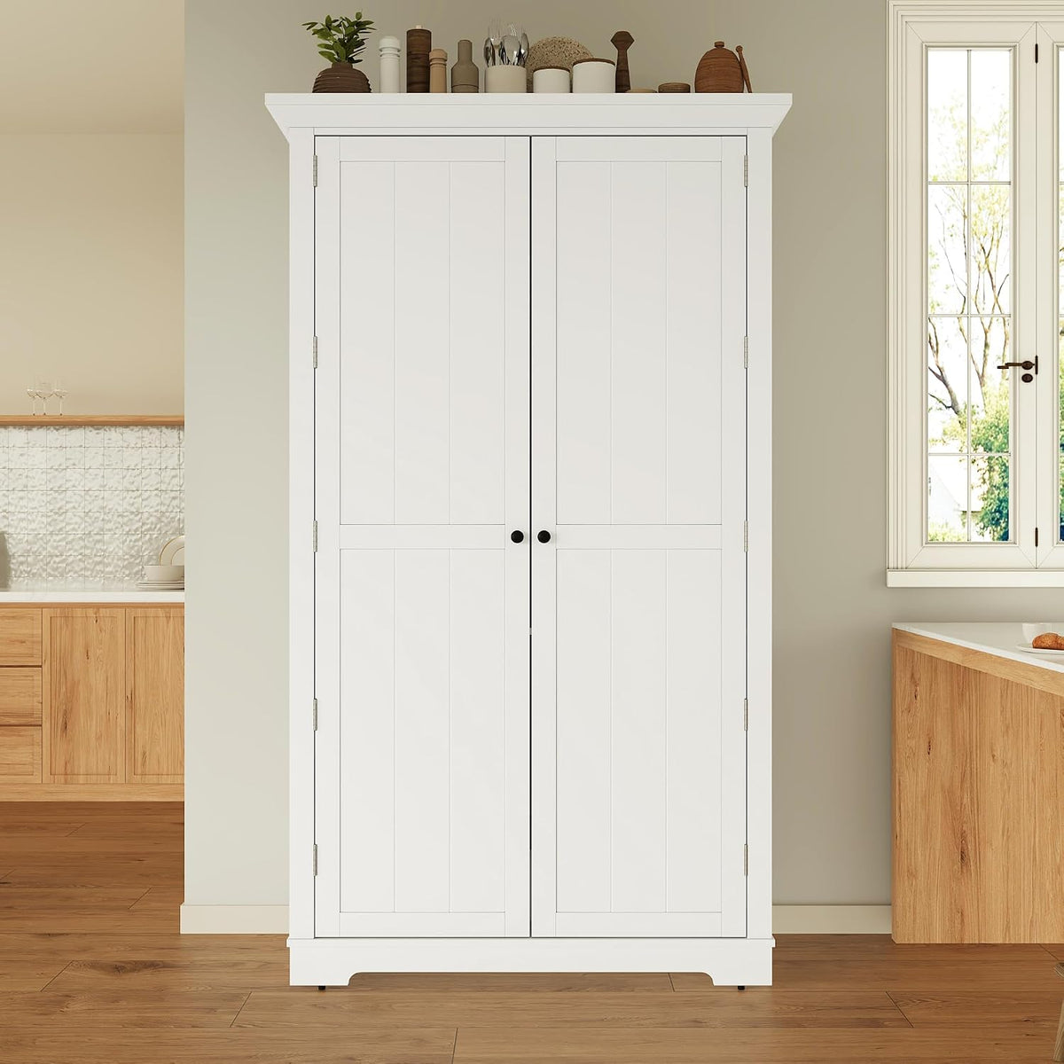 72''H Farmhouse Kitchen Pantry Cabinet, Freestanding Kitchen Pantry with Door Shelves, Adjustable Shelves, and 6 Drawers, Large Cupboard for Dining Room Living Room, White