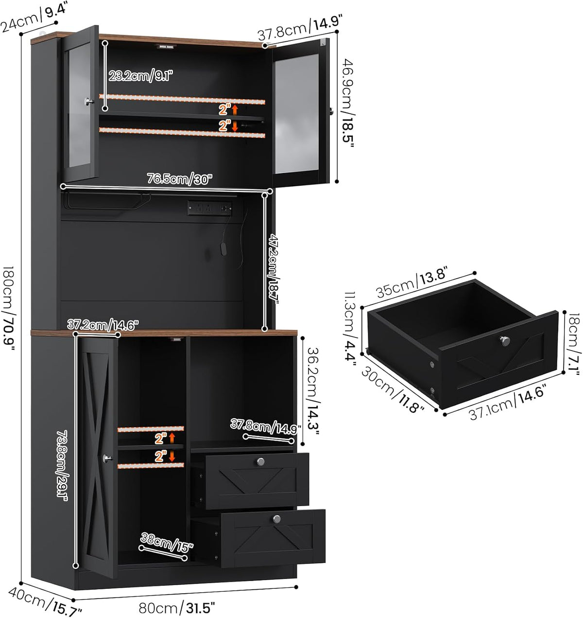 71" Tall Coffee Bar Cabinet with Storage Hutch, Farmhouse Kitchen Pantry Cabinet with LED Lights Microwave Stand and Glass Holder for Home Dining Room Kitchen (Black)
