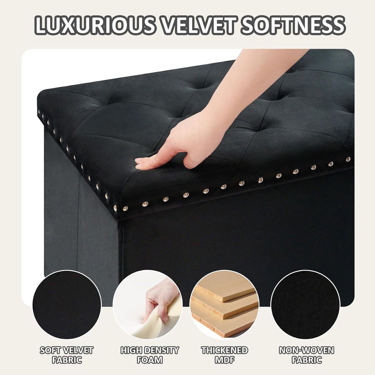 PINPLUS Folding Storage Ottoman Bench, Black Velvet | Large Storage Chest with Padded Seat, Footrest Stool and End of Bed Bench for Bedroom, Living Room and Entryway