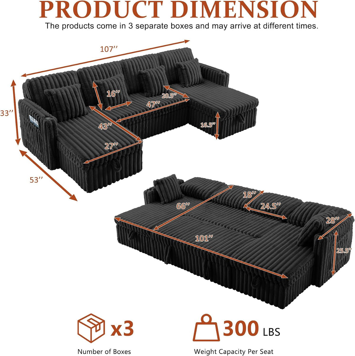 107'' Sectional Sleeper Sofa with Pull Out Bed, Storage Chaise, Adjustable Backrest, USB Charger, Cup Holder & Side Pocket, Fluffy Soft Corduroy U Shaped Couch for Living Room, Black