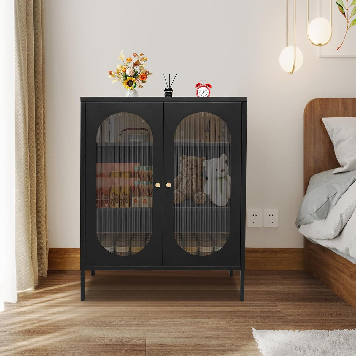 Xuthusman 3 Tier Floor Storage Cabinet, Freestanding Storage Unit with Adjustable Shelves, Magnetic Doors Kitchen Accent Cabinet Kitchen Organizers and Storage for Bathroom（Black）