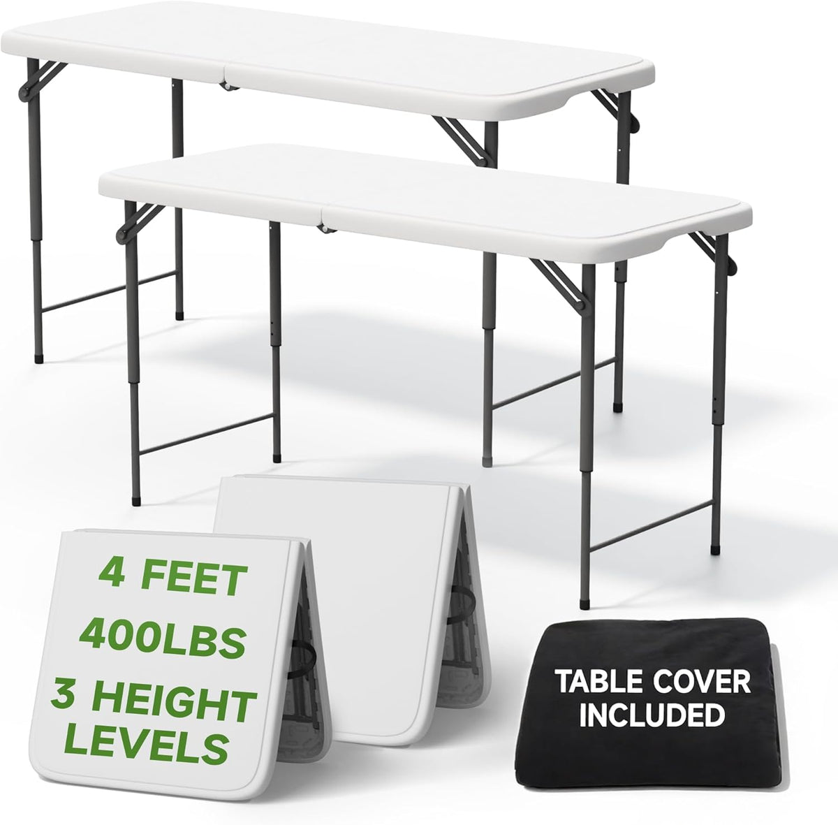 Folding Table 4 Foot with Black Table Cloth- 3-Position Adjustable Height, Heavy Duty 400 lbs Capacity - Portable Tables Folding for Camping, Party, Indoor & Outdoor Use, 2 Pack