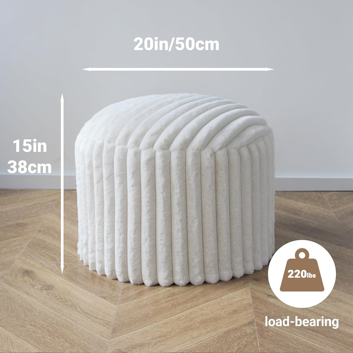 Round Stuffed Pouf Ottoman, Stripe Faux Fur Footrest, Solid Block Support+Soft Cushion Comfort, Removable Washable Cover, 20" Floor Pouf for Living Room Bedroom Dorm Vanity, Cream Beige