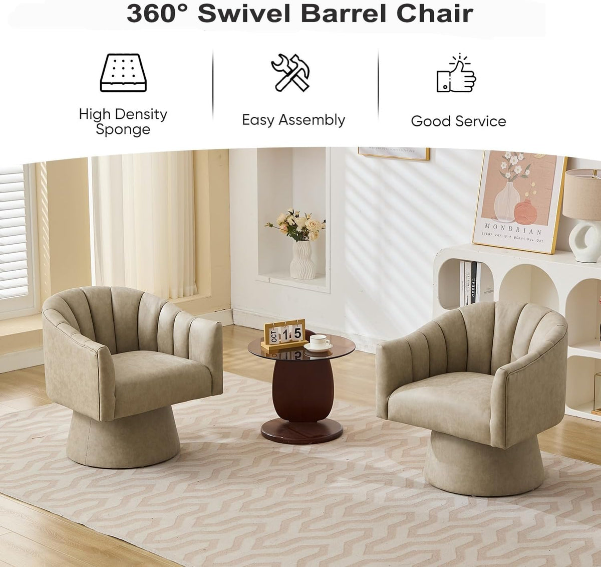 Swivel Accent Chair, Faux Leather 360° Swivel Barrel Chair Upholstered Modern Living Room Chair, Overstuffed Reading Armchair for Bedroom,Vanity,Office-Dark Apricot