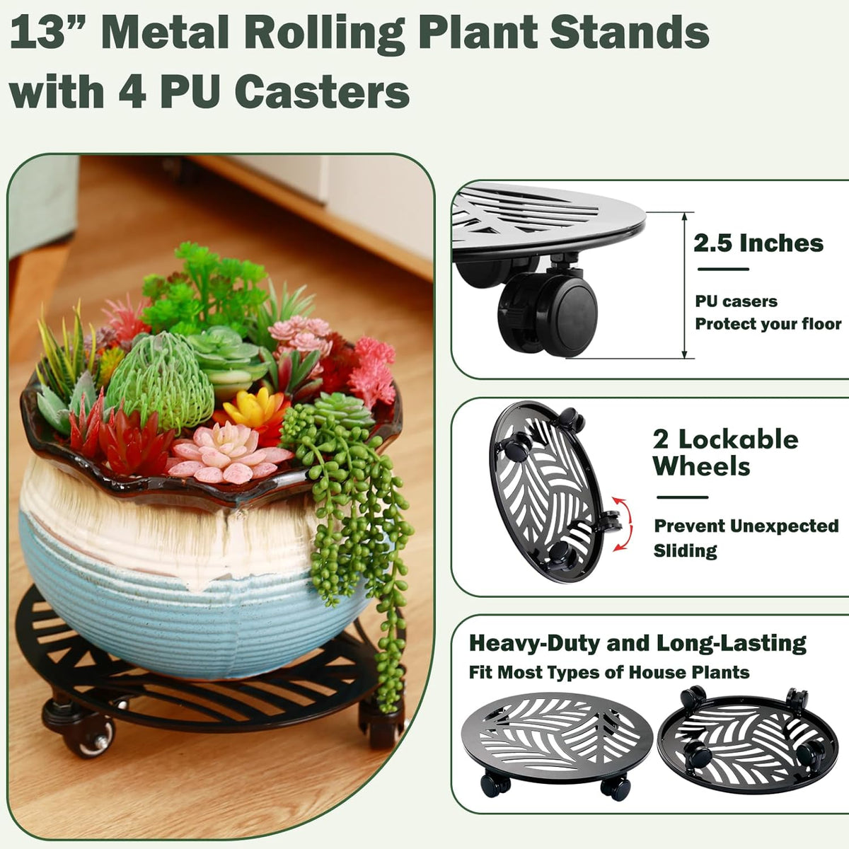 4 Packs Large Metal Plant Caddy with PU Wheels 13" Heav-duty Wroght Iron Rolling Plant Stands Indoor Outdoor Wheeled Plant Dolly Planter Mover Rollers Plant Trolley Cart, Plant Saucers Included