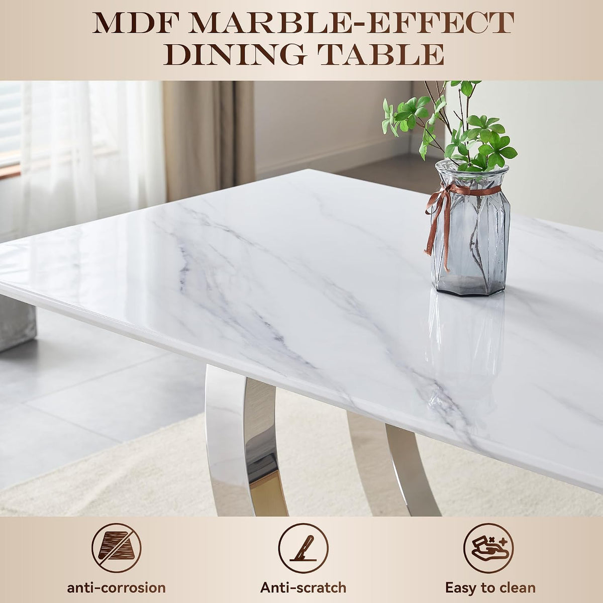 SSLine Modern White Marble Dining Table for 6-8 Rectangle 69.3" Faux Marble Kitchen Table with Silver Stainless Steel Dual U Shape Pedestal Base Luxury Dining Room Table for Home Kitchen