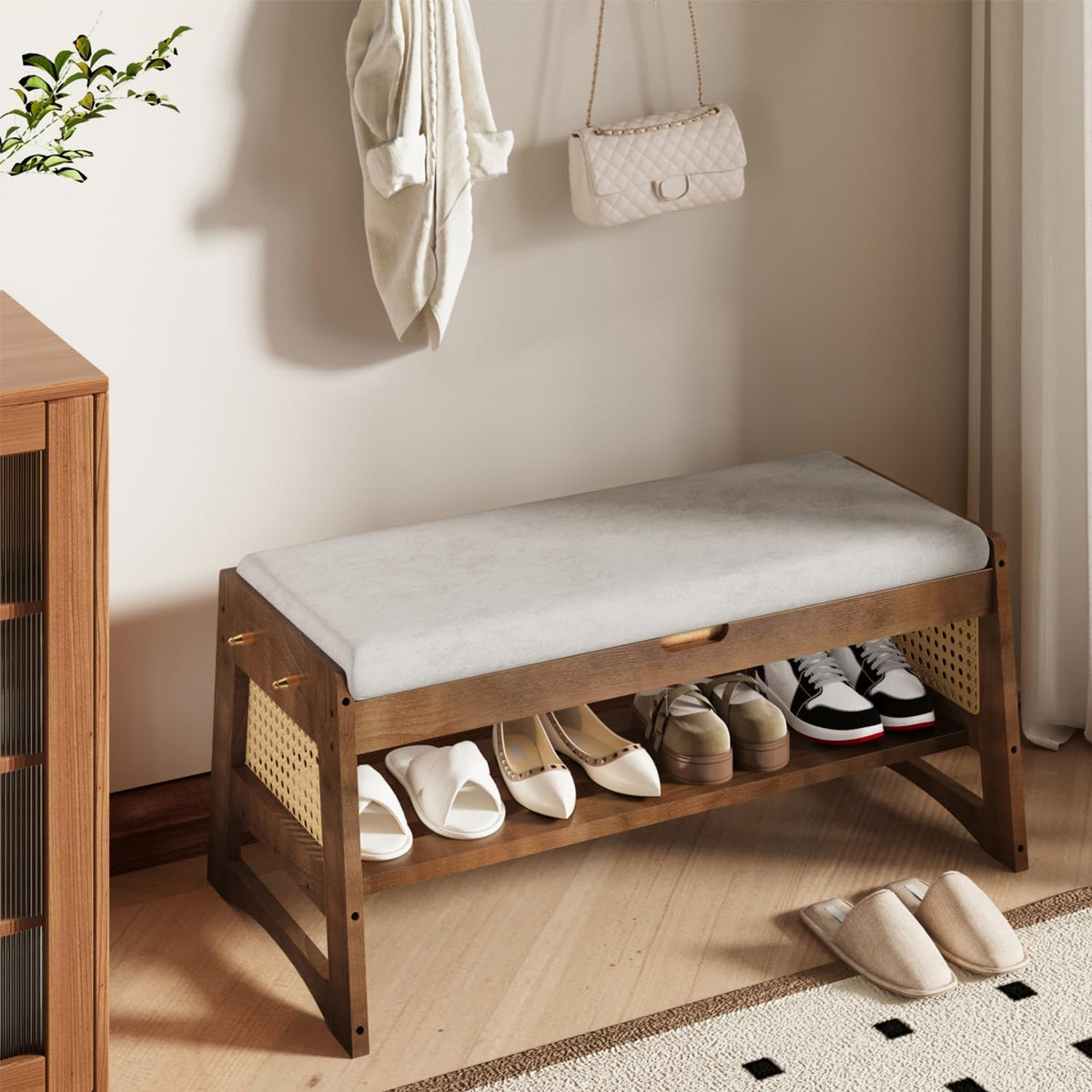 Shoe Rack Bench with Flip-Top Storage, 35.4" W x 15.7" H Solid Wood Entryway Bench Shoe Organizer with Cushion Side Hooks for Front Door Entrance Hallway Foyer Closet Living Room Bedroom