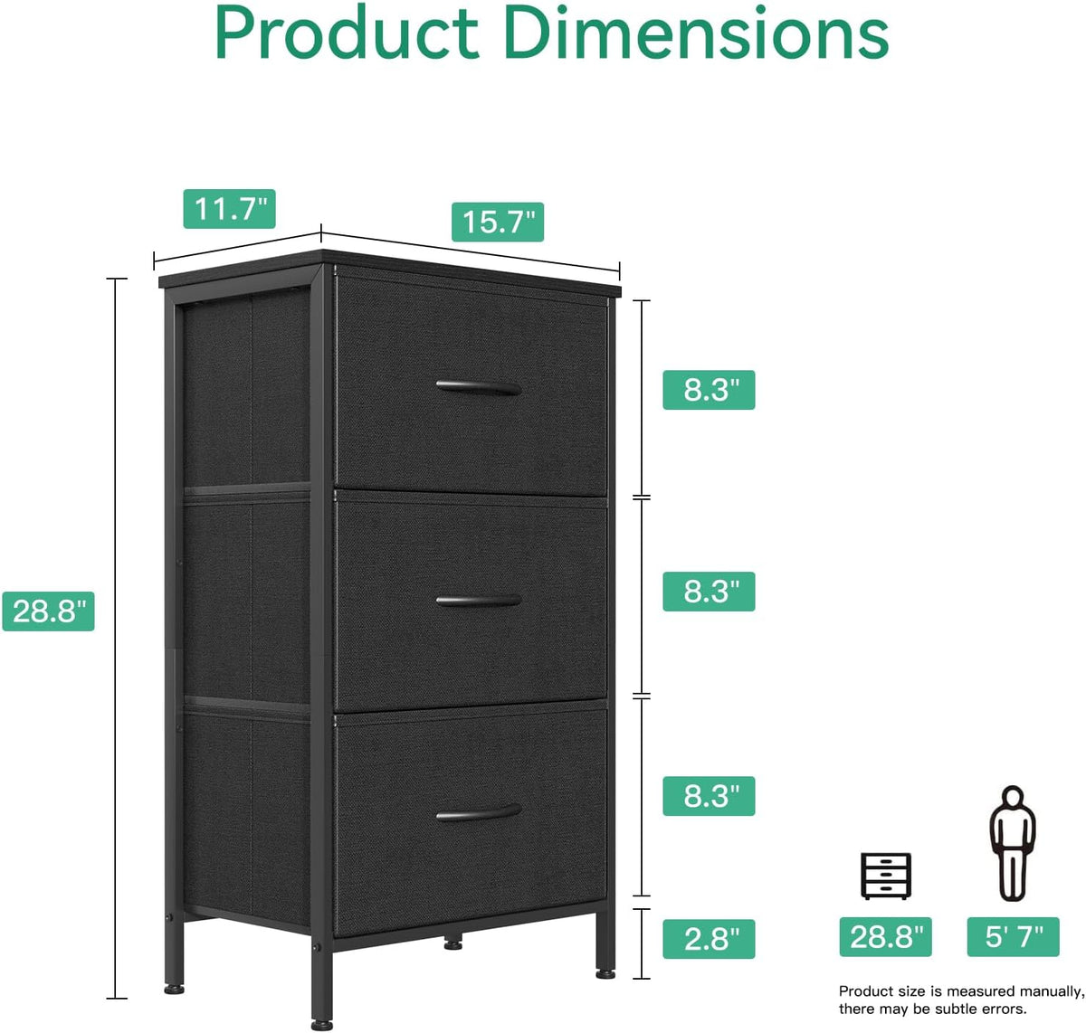 AODK Small Dresser for Bedroom Nightstand with 3 Storage Drawers, Black | Chest of Drawers End Table for Living Room, Closet Dresser with 3 Storage Drawers Organizer Clothes