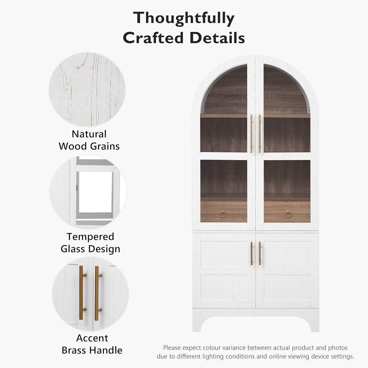Merax 71" Farmhouse Arched Pantry Cabinet with Glass Doors & Hidden Drawer, Adjustable Shelves Storage Cupboard for Kitchen/Dining Room, White