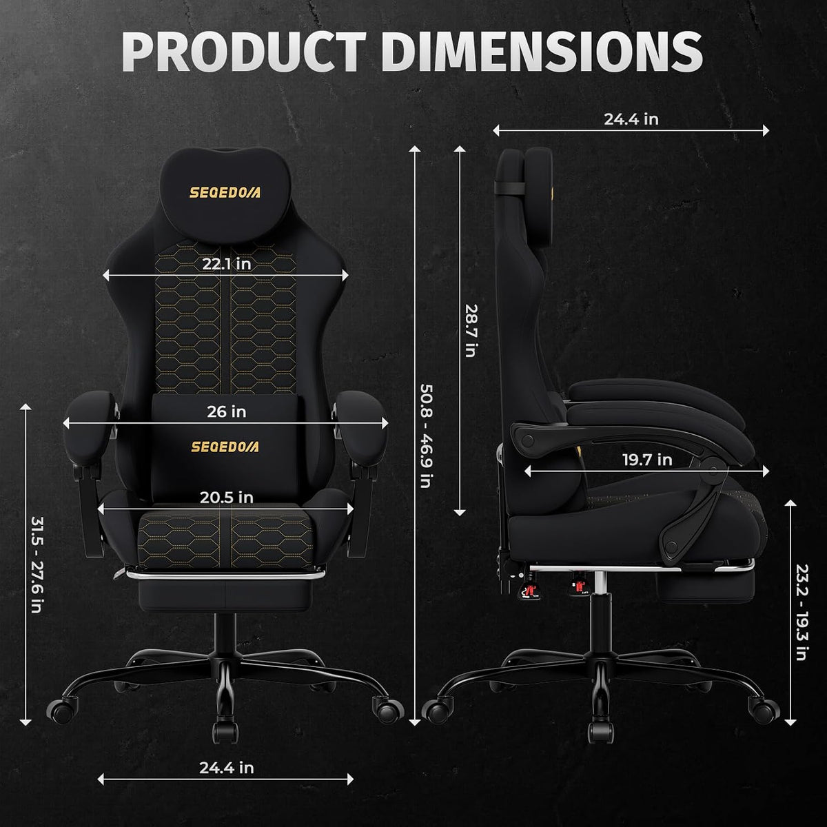 Honeycomb Embossed Gaming Chair with Footrest & Massage Lumbar Support, Adjustable Ergonomic Office Chair for Adults, 300 lbs (Black)