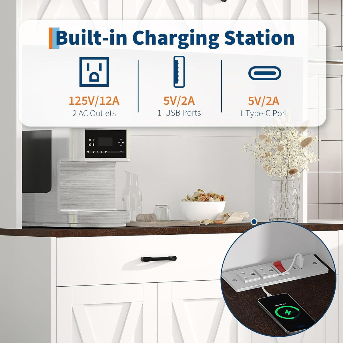 GarveeHome Farmhouse Kitchen Pantry Cabinet, 71" Tall Storage Cabinet with Charging Station, White Kitchen Hutch with Microwave Stand & Storage Drawers for Living Room, Dining Room