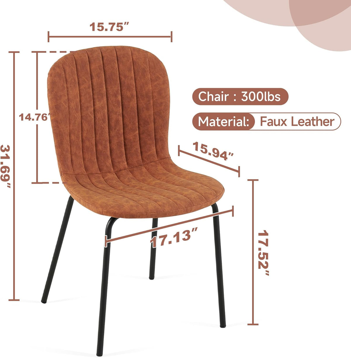 Small Dining Chairs Set of 6, Modern Mid Century Faux Leather Dining Room Chairs with Black Metal Legs, Kitchen Home Living Room Restaurant Apartment, Space-Saving, Brown