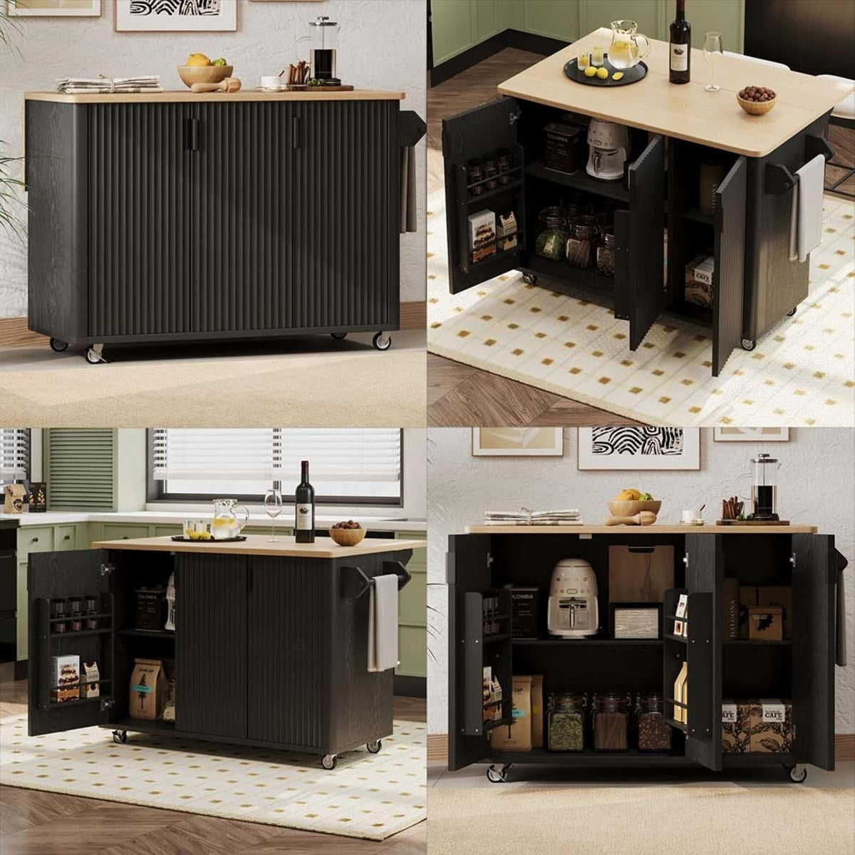 Narrow Kitchen Island with Drop Leaf Countertop with Storage and Dining Table, Island Kitchen with Wheels Towel Rack， for Kitchen, Dining Room, Black