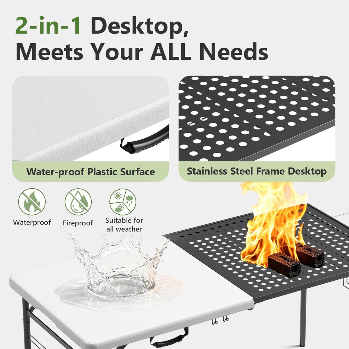 Folding Table, 5ft Folding Grill Table, Portable Camping Table for Cooking & BBQ Prep, 2-in-1 Metal&Solid Surface Foldable Grill Station for Party Cooking, Backyard, Patio Use,(Black and White)