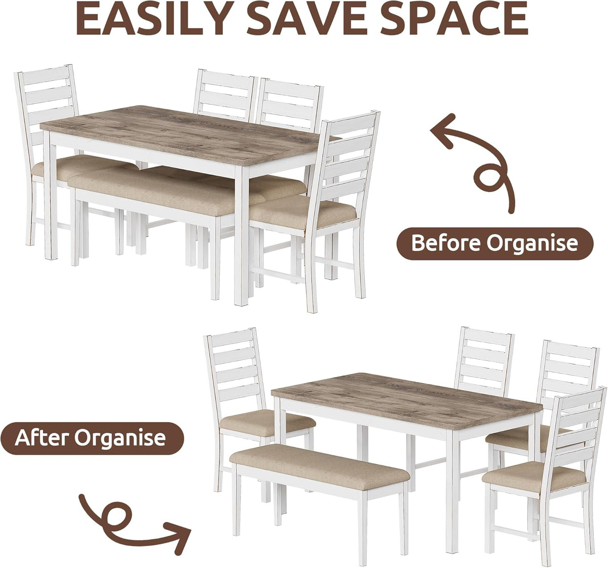 59" Dining Table Set Farmhouse Rectangular White Kitchen Room Table & Chairs Set Solid Wood Stable Space Saving Easy Clean (1 Bench& 4 Chairs)