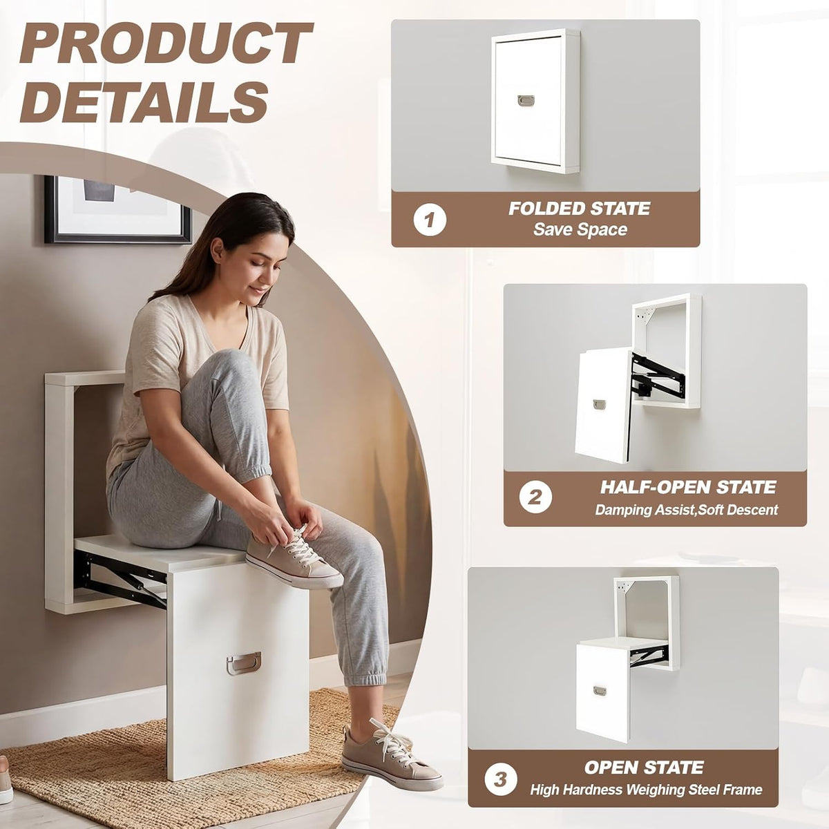 Geelin 1 Pcs Wall Mounted Folding Chair, Modern Entryway Shoe Changing Stool, 330lbs Capacity, Extra-Wide Seat, Invisible Folding Chair for Hallway, Hidden Shoe Bench Fits Most Homes, Tea White
