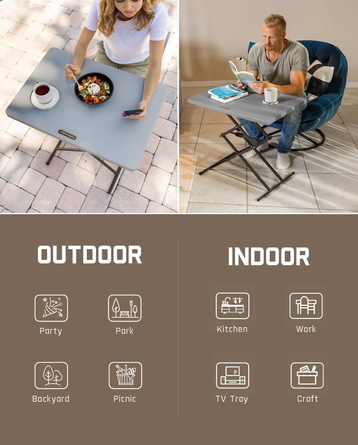 FanttikOutdoor Small Folding Table Quick Adjust 3 Heights, TV Tray, Dining | 2-Second One-Handed Adjustable Height, Foldable Laptop Desk, 3.2" Folded, No Assembly, 28 inch, 1 Pack, Grey Zeta X1 Pro