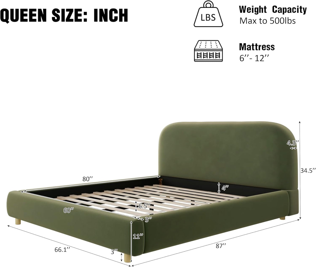 Merax Queen Velvet Fabric Platform Bed with Curved Headboard, Olive Green