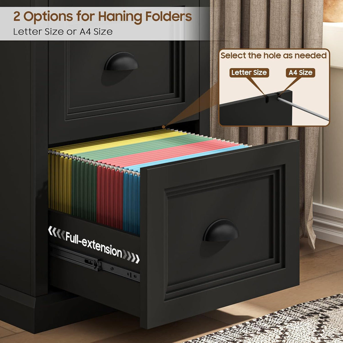 Halitaa Vertical File Cabinet, Filing Cabinet with 2 File Drawers, Farmhouse Small File Cabinet Fits Letter/A4 Size, Wooden Printer Stand, Under Desk Cabinets for Home Office, Black