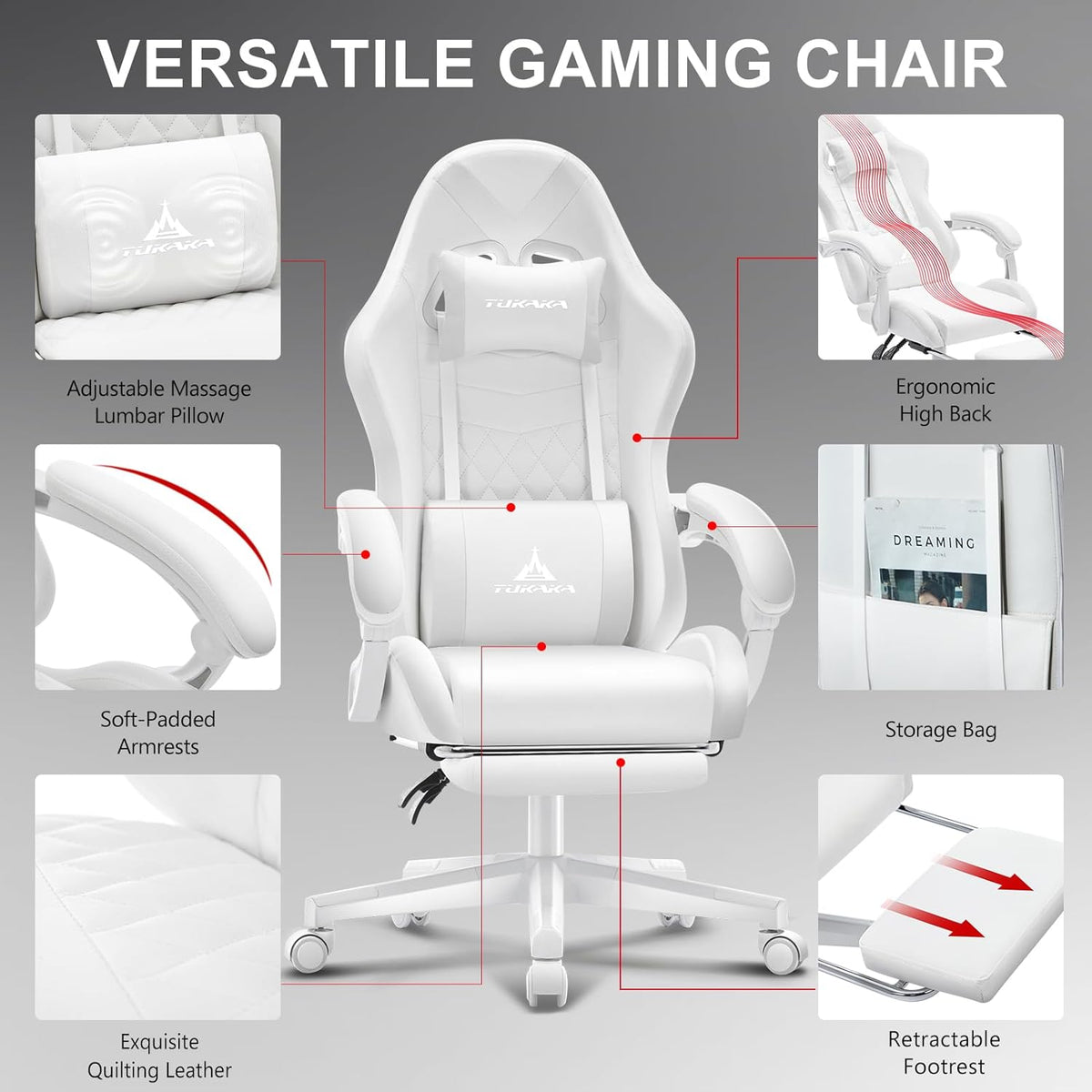 White Gaming Chair,Ergonomic Massage Office Desk Chair with Footrest | Pocket Spring Cushion,Reclining,Thick High Back,Headrest and Lumbar Support,Adjustable Leather Computer Chair Gamer Chair