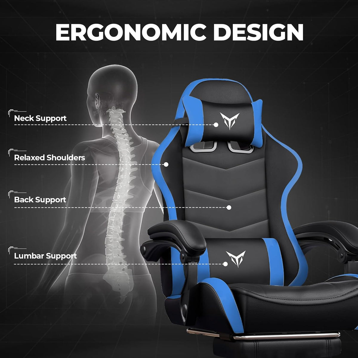 GTPLAYER Gaming Chair for Adults, Big and Tall 300LBS Heavy Duty Office Chair with Footrest, Ergonomic High Back Lumbar Support and Wide Comfy Cushion with Linkage Armrests for Home Office, Blue