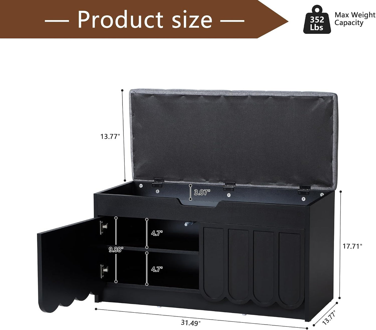 ORRD Shoe Storage Bench with Cushion, Entryway Shoe Cabinet Bench with 2 Scalloped Doors & Adjustable Shelf, 2-Tier Shoe Rack Organizer Cabine for Entryway, Hallway, Living Room (Black)