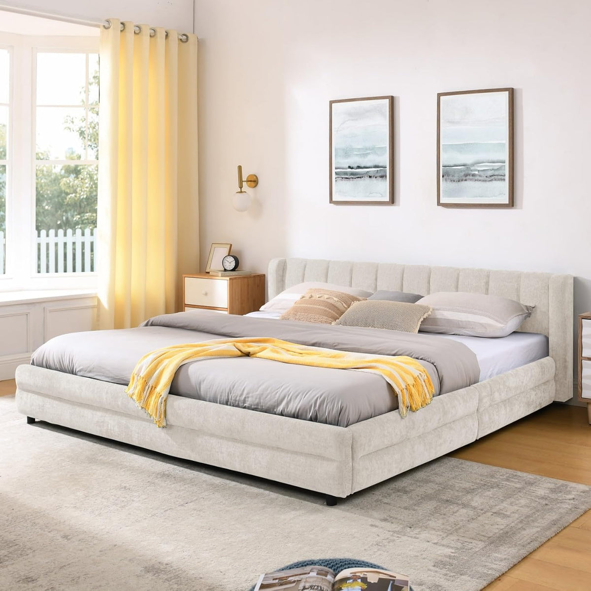KEIKI Thick Chenille King Bed Frame with 4 Storage Drawer & Upholstered Tufted Cushioned Headboard, Modern Solid Wood Floor Platform Cloud Bed Frame for Bedroom, No Box Spring Needed, Beige