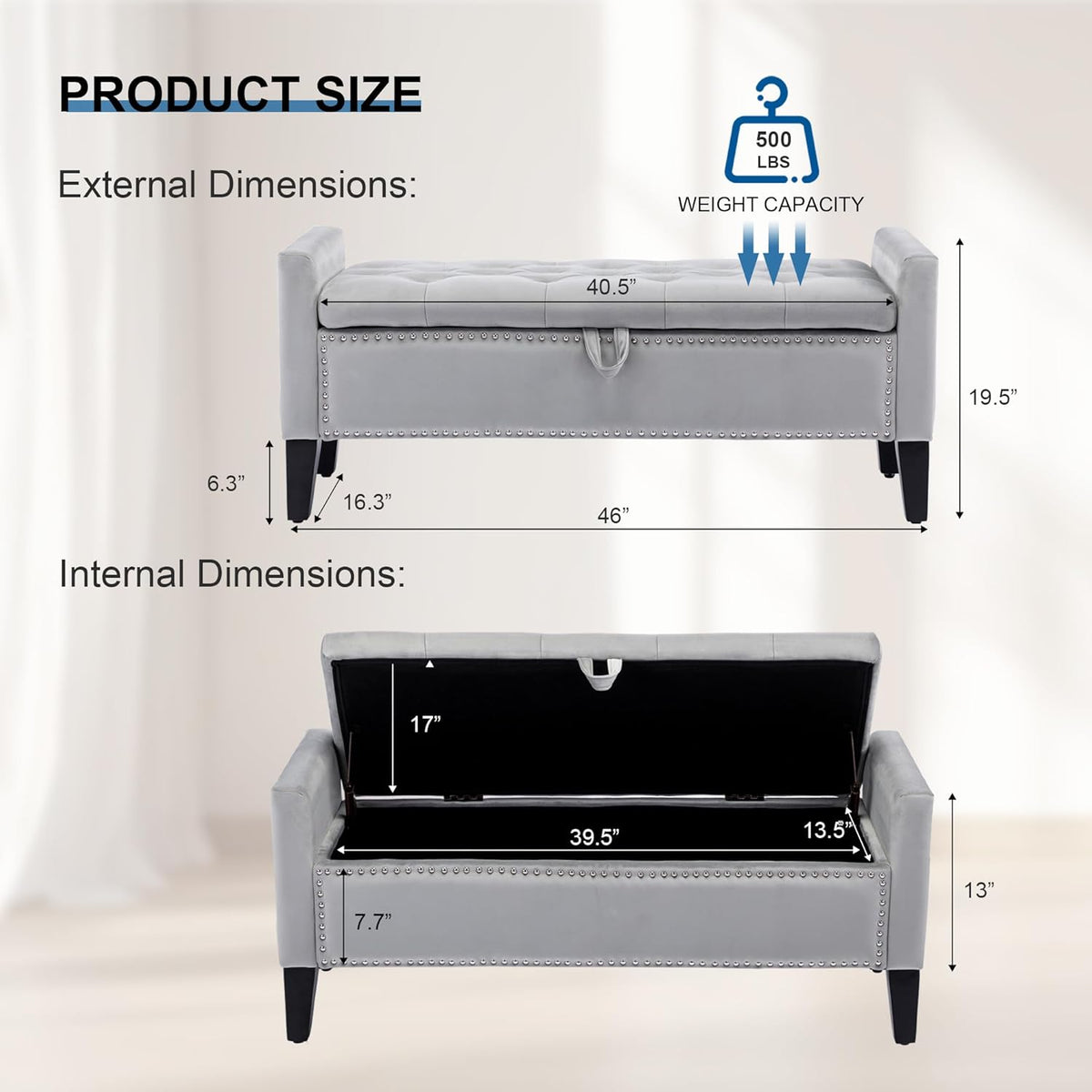 Storage Ottoman Bench, Velvet Upholstered Footstool for Bedroom and Living Room, Tufted Seat with Storage, Wooden Legs & Metal Rivets, Grey