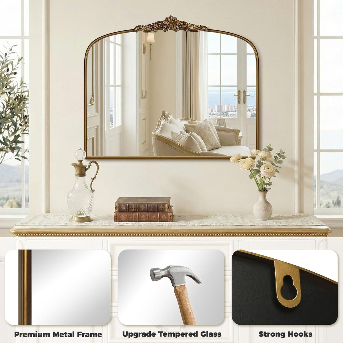 Vintage Gold Mirror 36"X30" Arched Antique Wall Mirror | Metal Frame, HD Tempered Glass, Include Wall Mount Screws,Ideal for Entryway, Fireplace, Living Room, Hallway or Wall Decor