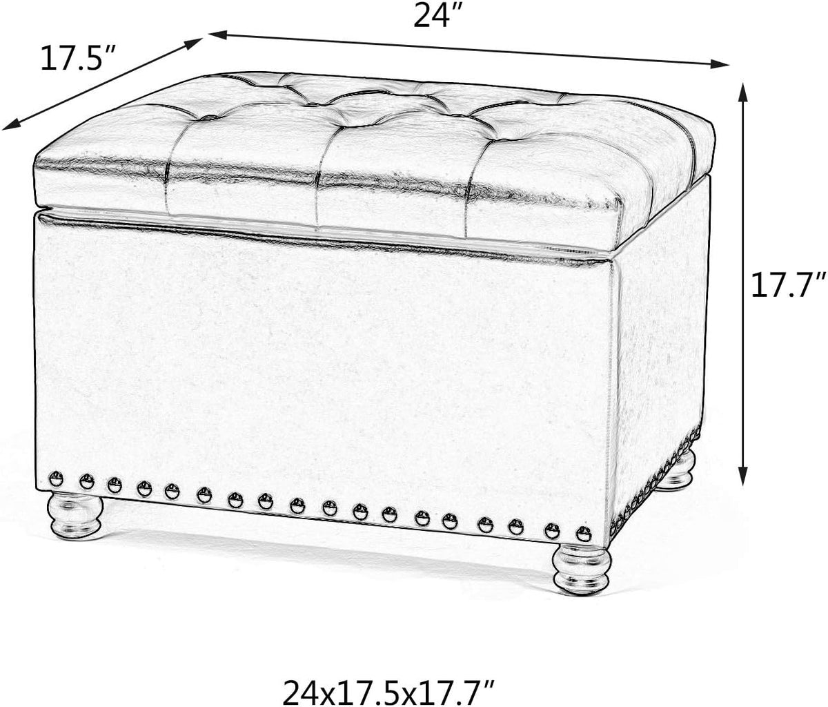 24’’ Rectangular Upholstered Storage Ottoman for Living Room | Fabric Foot Stool with Nail-head Trim- Chests and Organizers , Load Up to 350 lb, Lake Blue