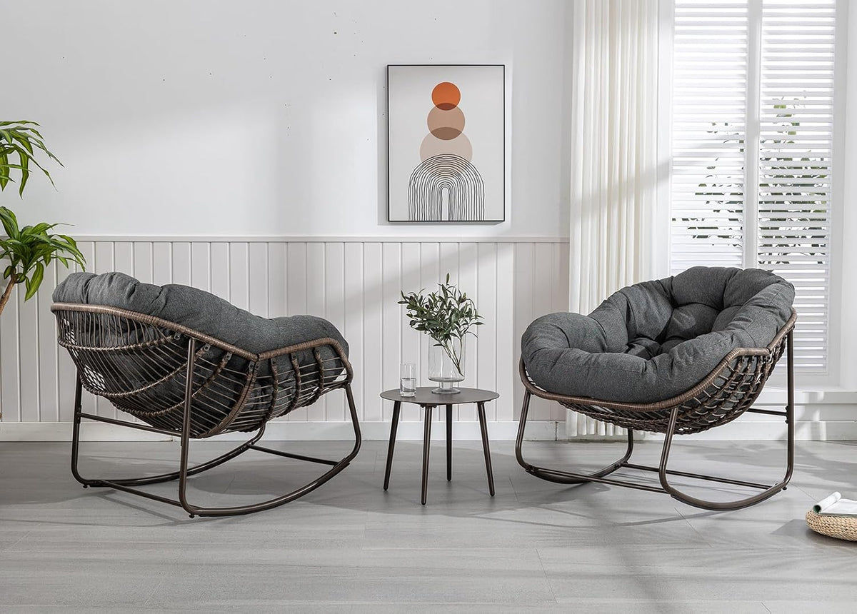 Outdoor Rocking Chair Set of 2, Patio Oversized Wicker Egg Rocking Chair, Indoor & Outdoor Comfy Rocker Chair with Thick Cushion, Modern Lounge Chair for Balcony, Porch, Garden, Backyard, Deck, Grey