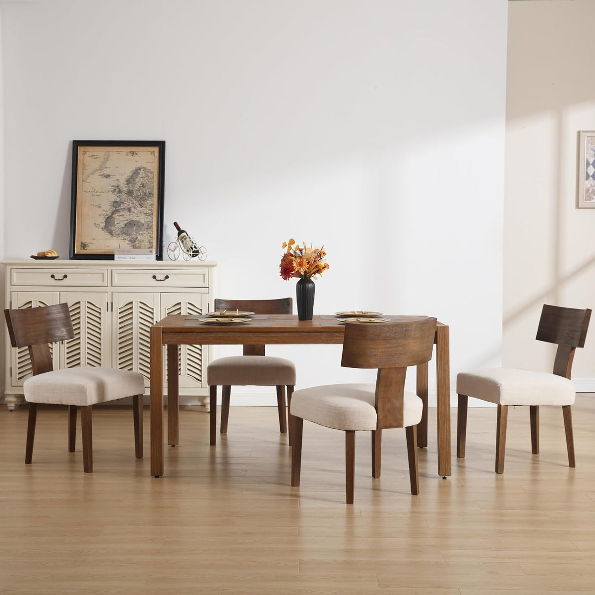 Farmhouse Dining Chairs Set of 4, Upholstered Dark Brown Solid Wooden Chairs with T-Shape Back, Armless Kitchen Chairs Comfy Accent Chairs, Linen Beige
