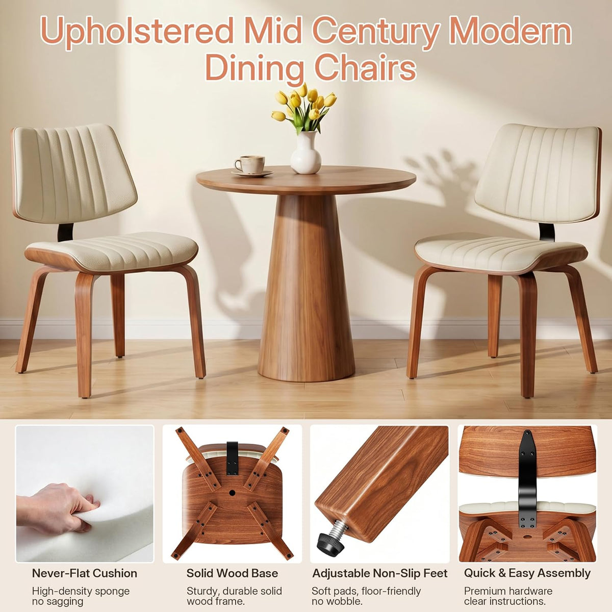 Dining Chairs Set of 2,Mid Century Modern Upholstered Kitchen Chairs with Ergonomic Curved Walnut Bentwood Back,Faux Leather Dining Chairs for Kitchen,Living Room,Study Room,Bed Room,Beige