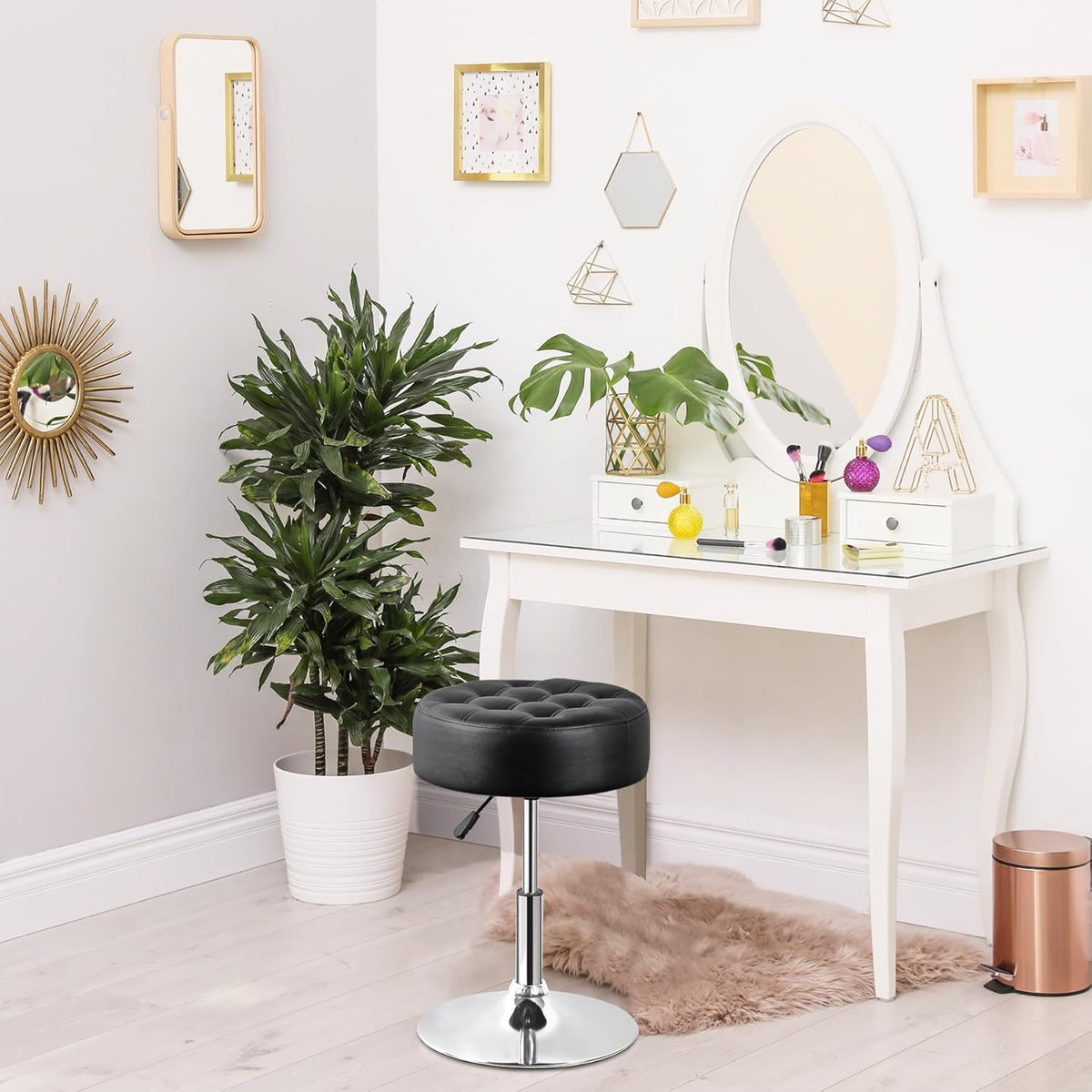 Nova Microdermabrasion Vanity Chair Stool Modern Tufted Round Ottoman Stool Swivel Makeup Chair for Bathroom Bedroom Living Room (Black)